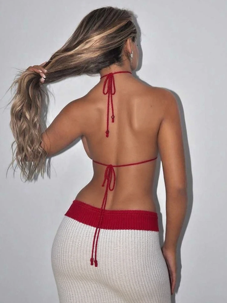 

Cutenew женский комплект из 2 предметов с аппликацией и вышивкой, летние вязаные наряды для отпуска, сексуальные повязки на шее, майки + макси-юбки со вставками