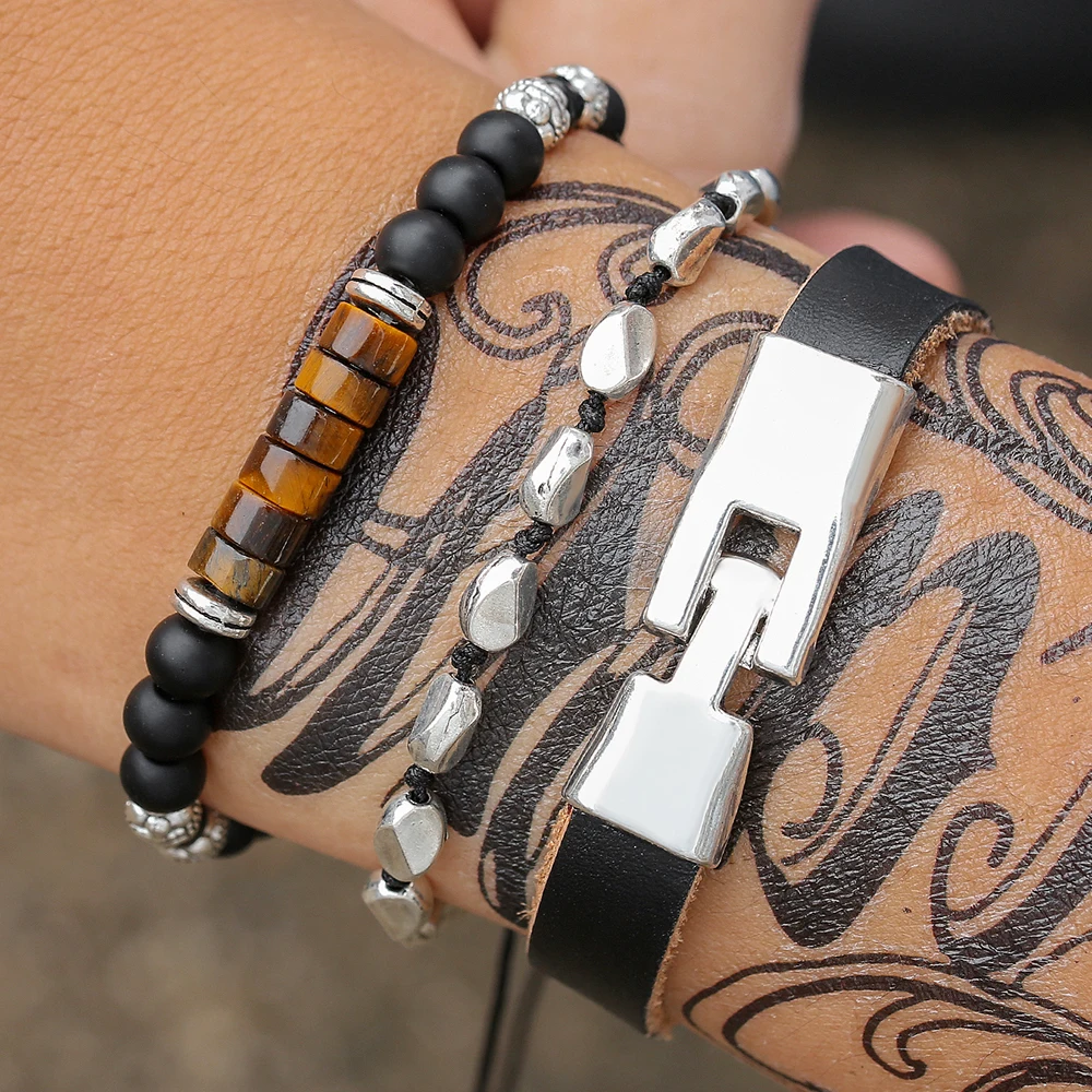 

Punk Irregular Silver Color Metal Leather Bracelet For Women Tiger Eye Frosted Stone Beads Multi layer Bracelet Jewelry Gift
