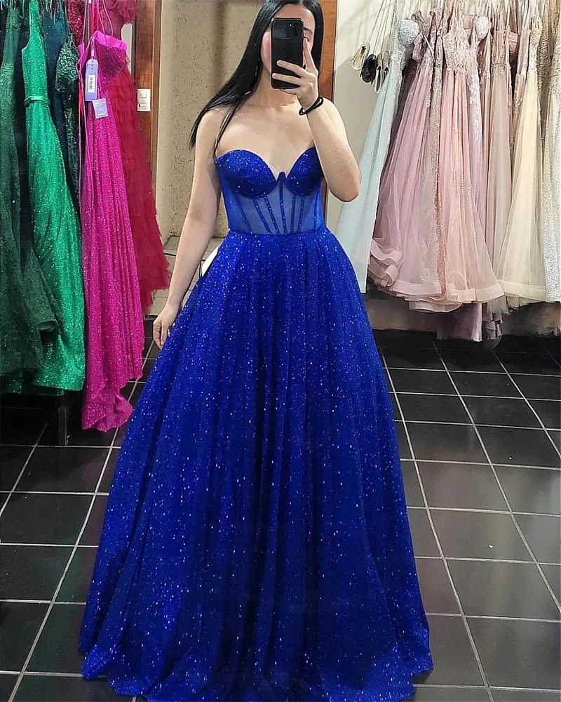 Glitter Royal Blue Tulle Long Prom Dresses Sleeveless Sweetheart Dubai Arabic Evening Gowns Shiny Formal Occasion Party Dress