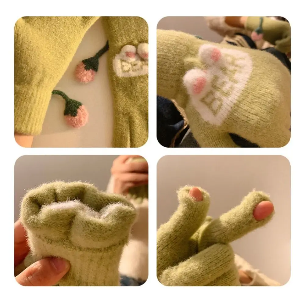 여성용 오픈 핑거 캐시미어 장갑, 내한성, 터치 스크린 장갑, 두꺼운 플러시 니트 장갑, 가을, 겨울