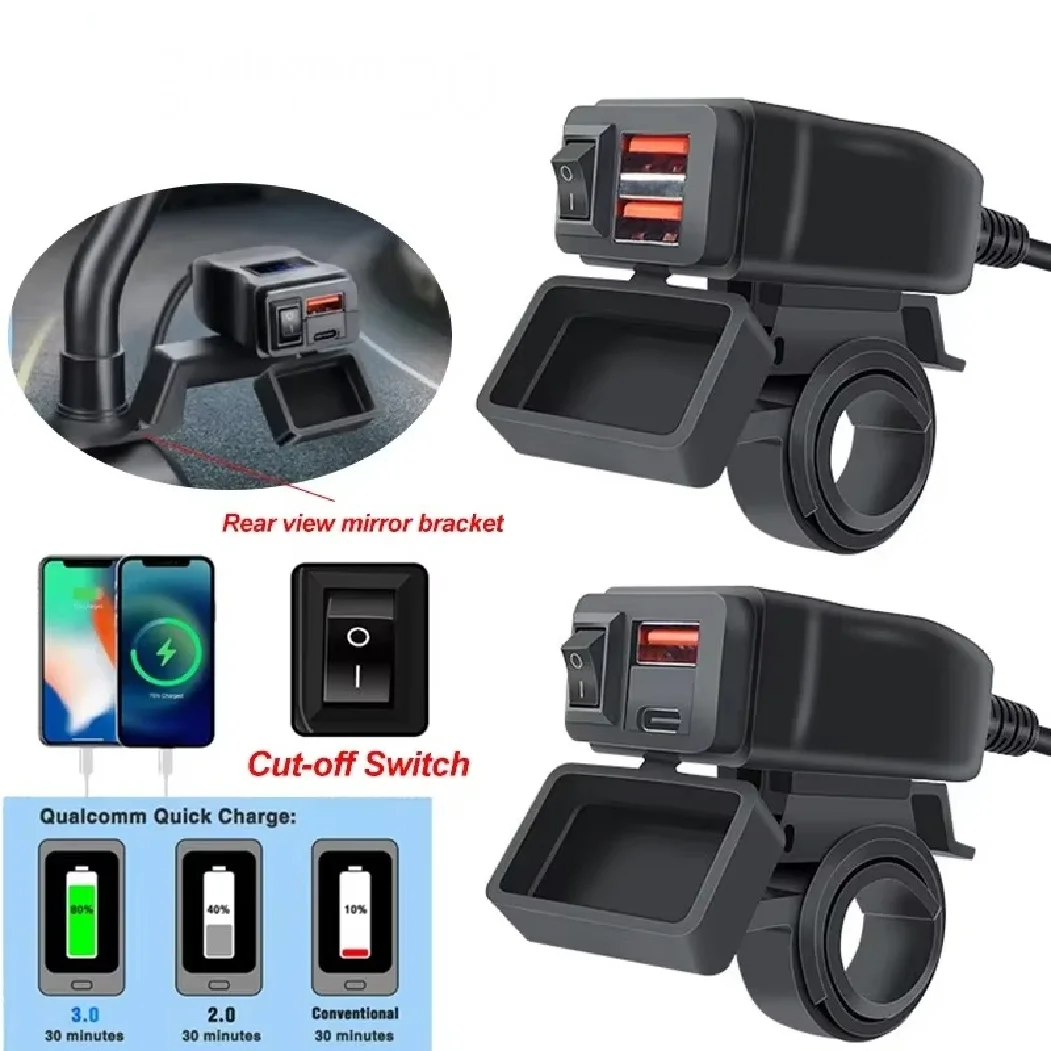Motorcycle USB Fast Cellular Charger Waterproof Type C Port Socket Connector With Cell Mobile Voltmeter Digital Charge