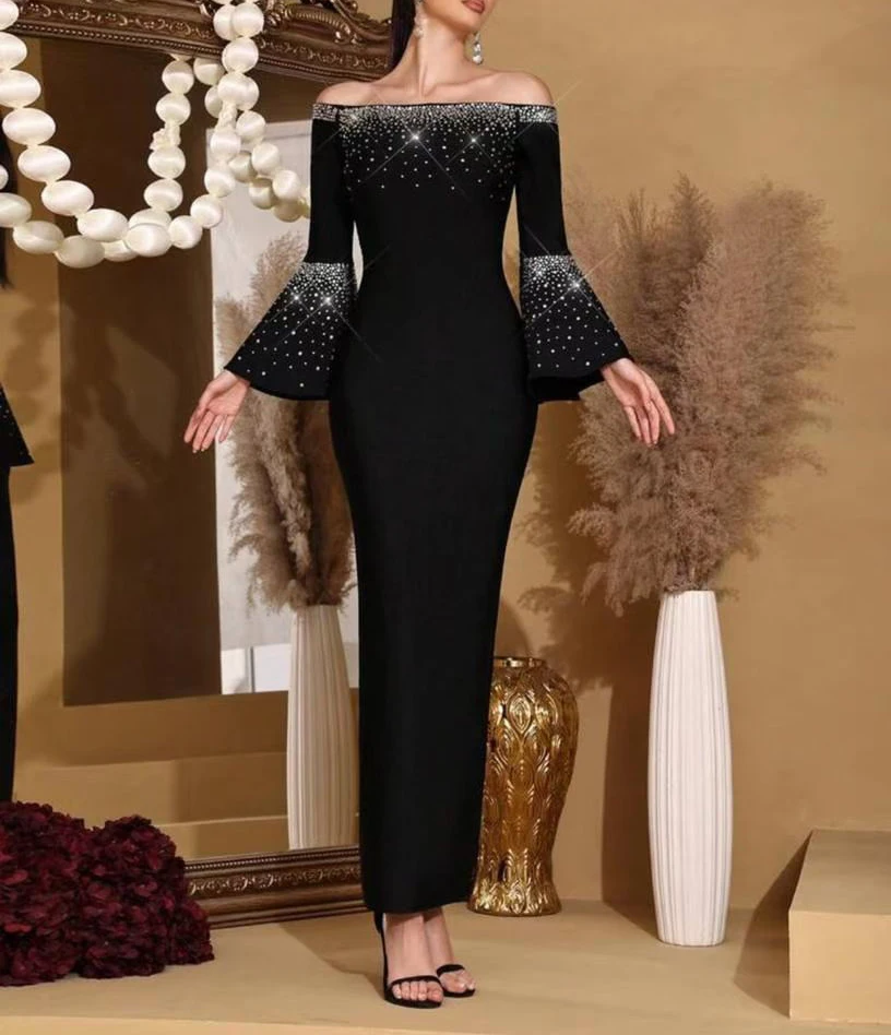 

Top Quality Flare Sleeve Shining Rhinestones Slash Neck Bodycon Bandage Long Dress Evening Party Cocktail Gown Birthday Dresses