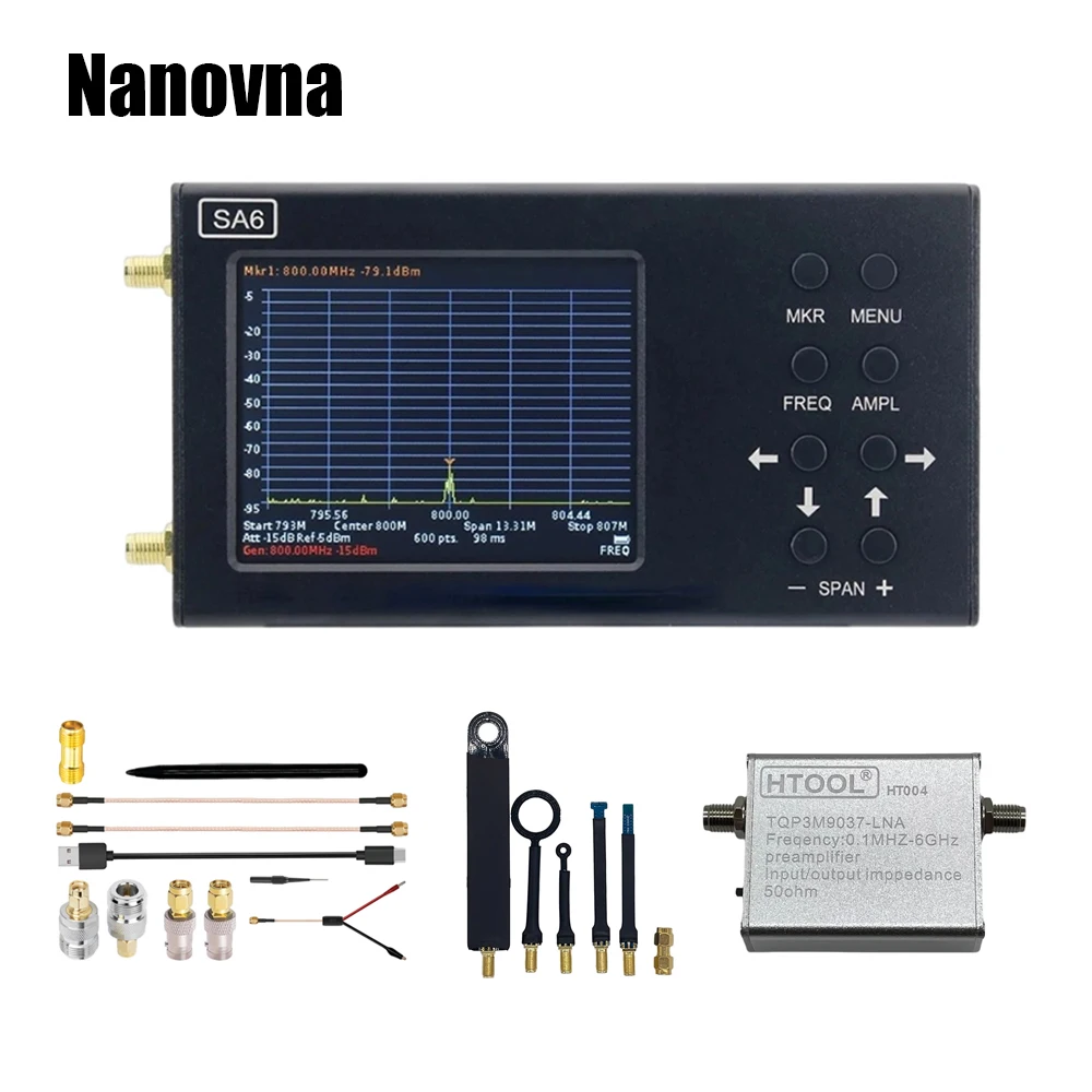 

Nanovna SA6 Spectrum Analyzer 6GHz Signal Generator 3.2 inch Touch Screen Portable 35~6200 MHz RF Input PC Control Battery