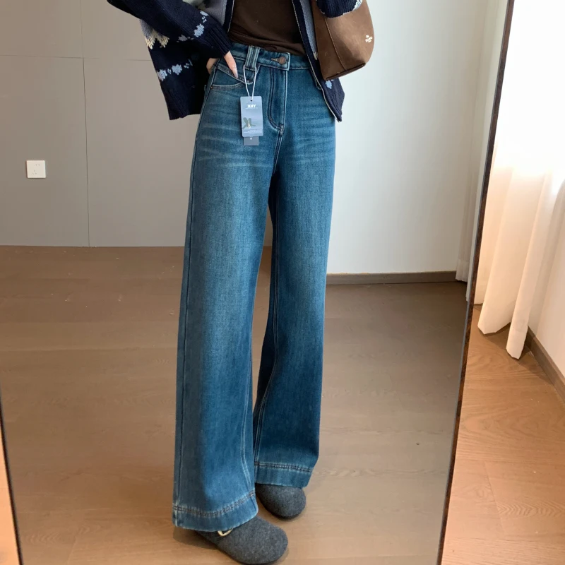 

The High Waist Wide Leg Denim Jeans Embroidered Fce Cosite Brown Leather Tag Cotton Blend Casual Sle Women's Jeans