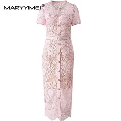 MARYYIMEI Chic Lace Hollow Out Summer Dress Short-Sleeved Single-Breasted Lace-Up Beading New Fashion S-3XL Long Dresses