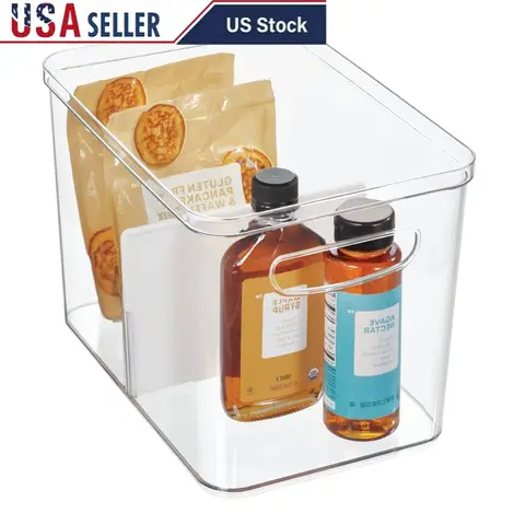 ハンドル付き透明プラスチック整理箱、仕切り付きキッチン収納容器、パントリー、冷蔵庫、バスルーム、オフィス用、耐久性あり