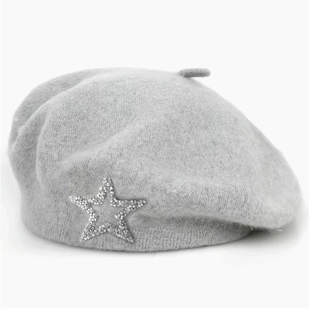 Streetwear Five-Pointed Star Wool Beret Solid Color Soft Knitted Painter Hat Rhinestone Decor Warm Beanie Cap Autumn