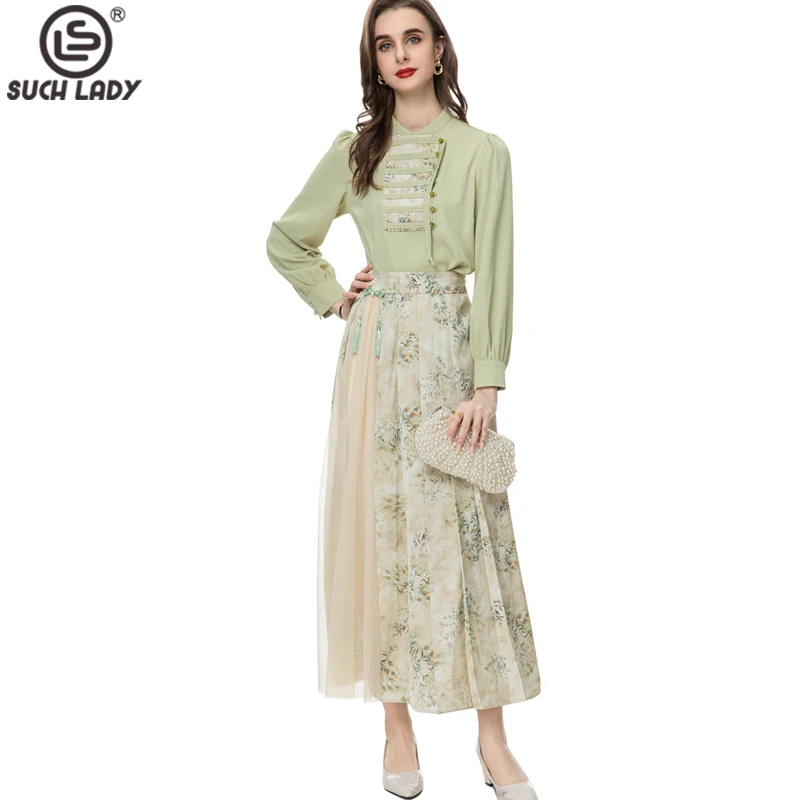 

Women's Runway Designer Two Piece Dress Stand Collar Long Sleeves Blouse with Printed Skirt Vintage Twinset Sets