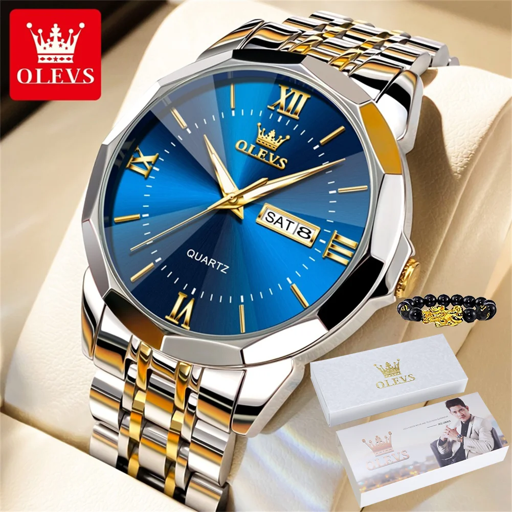 

OLEVS 9989 Men's Watches Rhombus Mirror Original Quartz Watch for Man Stainless Steel Date Week Waterproof Men's Wristwatches