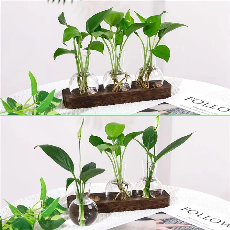 ABMS-2X Plants Propagation Stations Glass Vase Station Retro Plant Terrarium With Wooden Tray Bulb Flower Vase