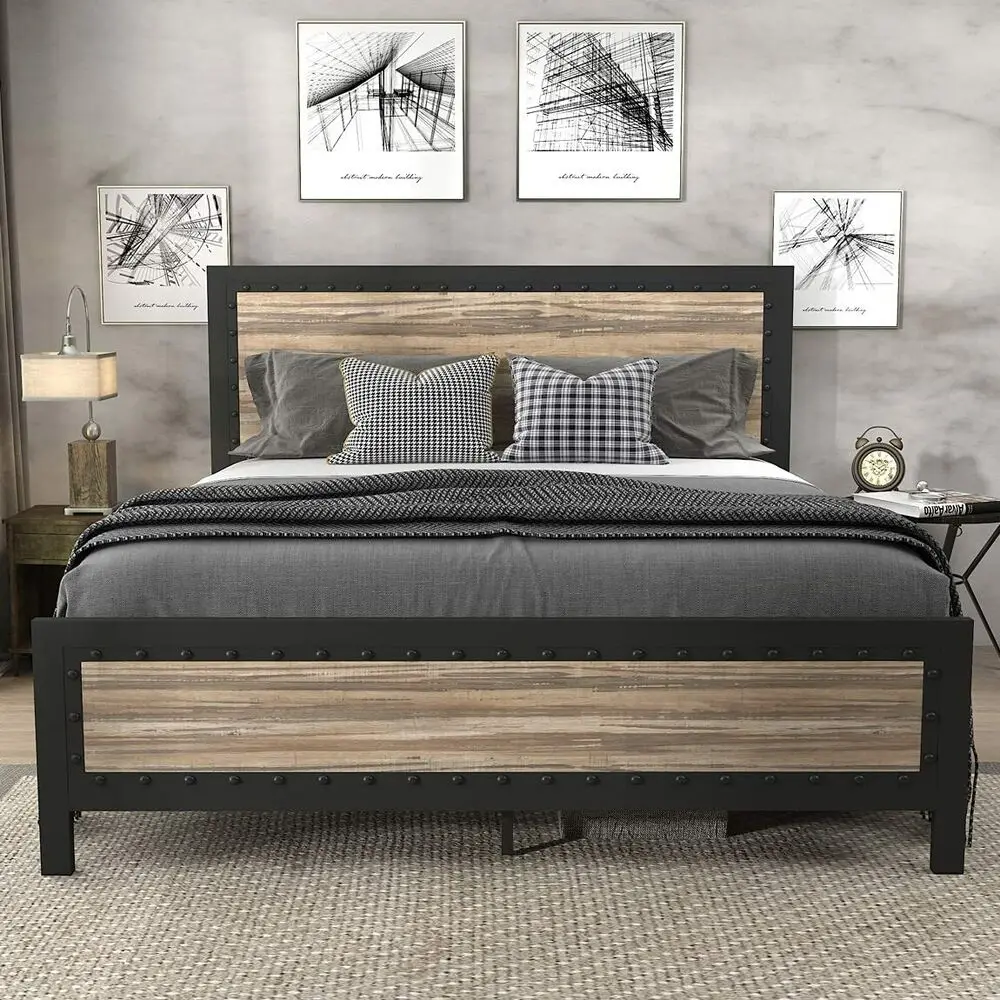 

Heavy Duty Metal Bed Frame Queen Size / Wooden Headboard Footboard with Rivet