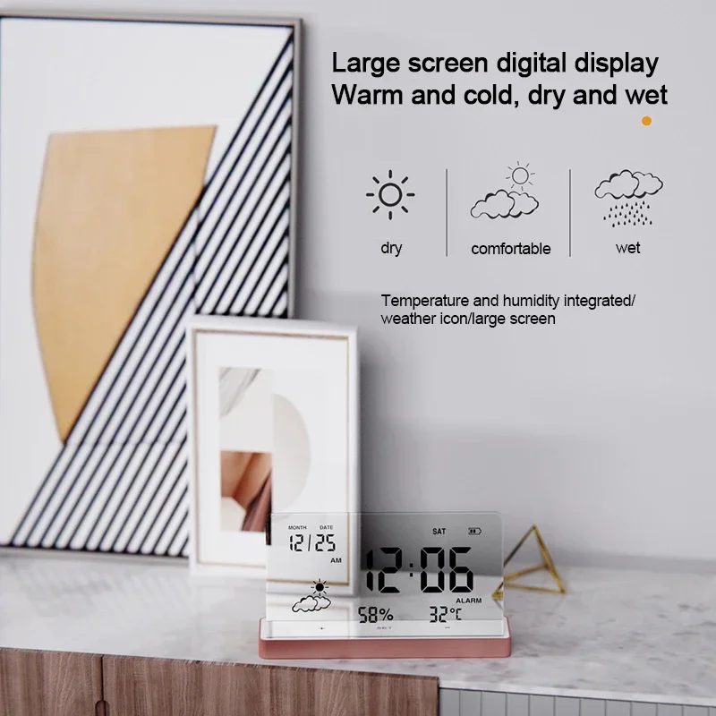 Transparent Digital Clock with Base Temp/Humidity Display Smart Digital Desktop Horologe Large Screen Electronic Clock Ornament