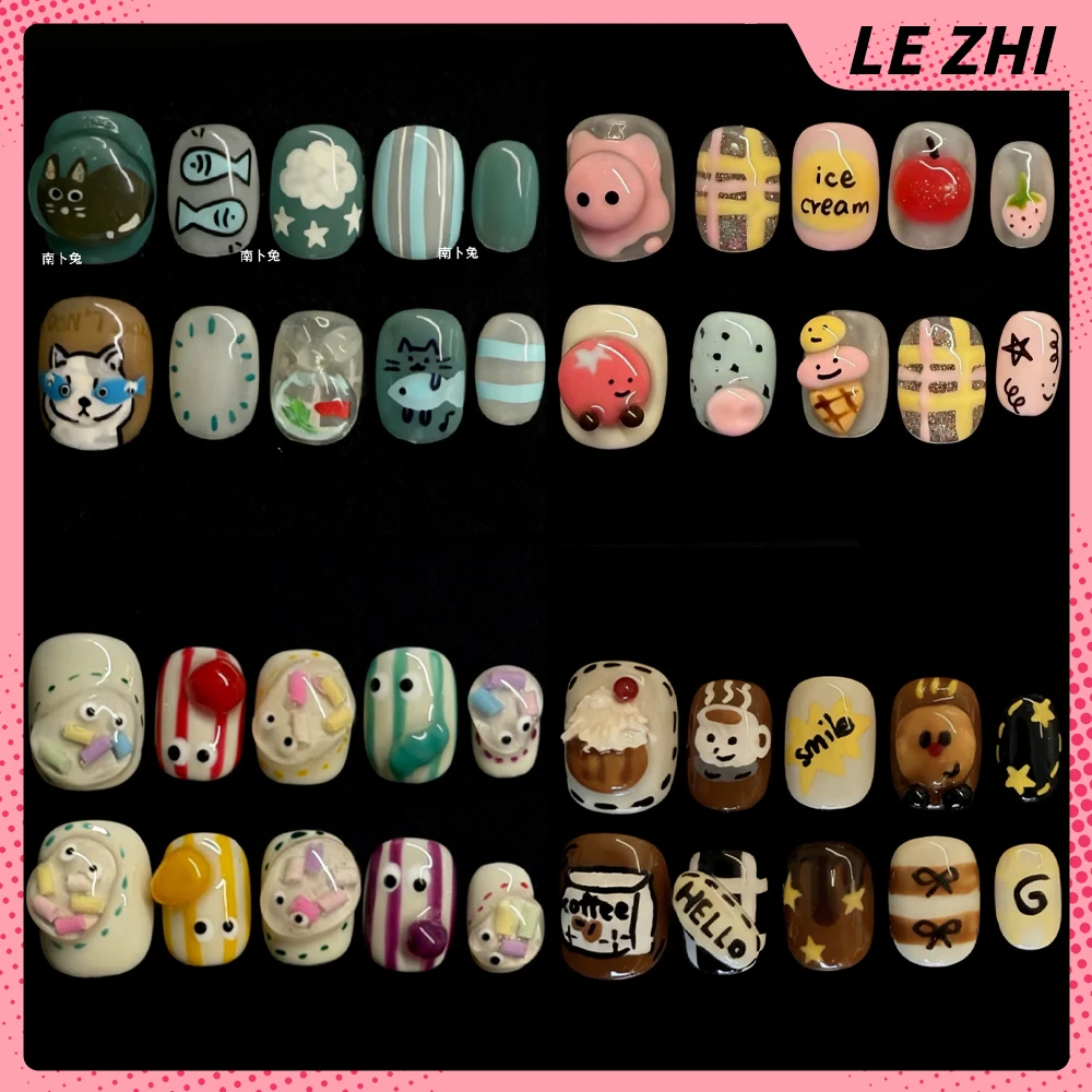 

Lovely Cartoon Handmade Short Square Round Press On Nails Kawaii Cat Dog Flower Bread Fruit Spoon Bowknot Nails Party Stickers