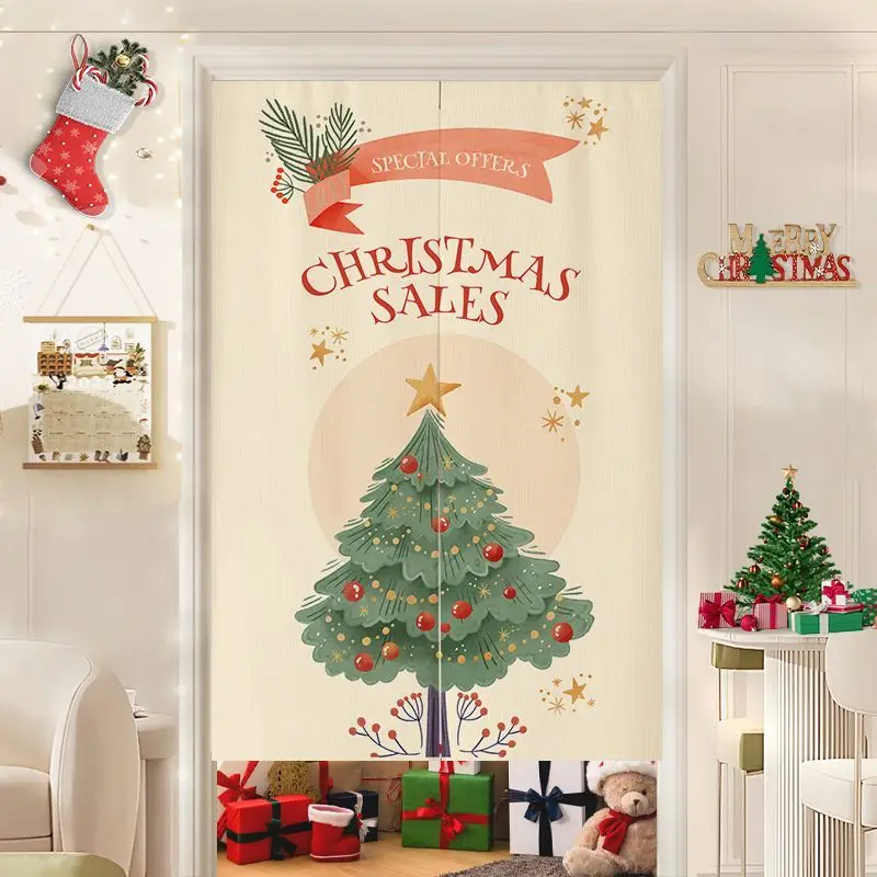 VIKAMA Christmas Sale Pine Door Curtain Cream Special Offer Fir Branch Star Scarlet Emerald Kitchen Dining Entryway Party Soft