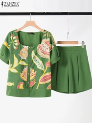 ZANZEA Women Summer 2024 Short Sets Holiday Loose Daily Casual 2-Pieces Sets Solid Shorts Square Collar Floral Print Top Suits