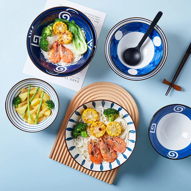 

1PC Japanese Ceramic Noodle Soup Large Bowl Household Beef Noodle Rice Bowl Retro Fruit Salad Tableware Kitchen Restaurant Hot