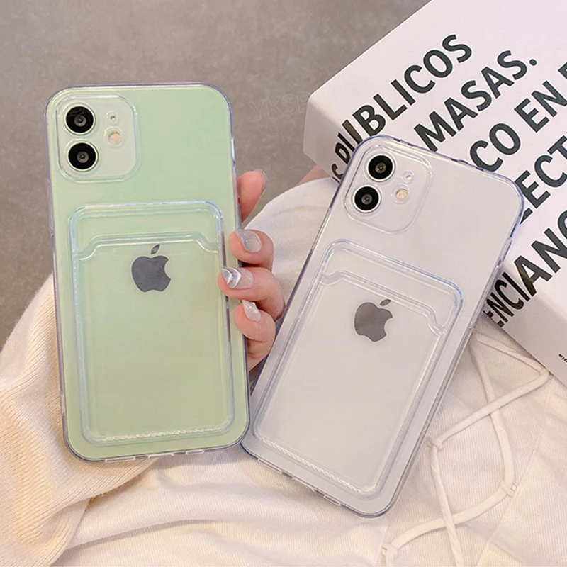 Transparent Silicone Card Pocket Wallet Case For iPhone 17 Air 16 15 14 13 12 mini 11 Pro X XS Max XR 8 Plus SE Soft Phone Cover