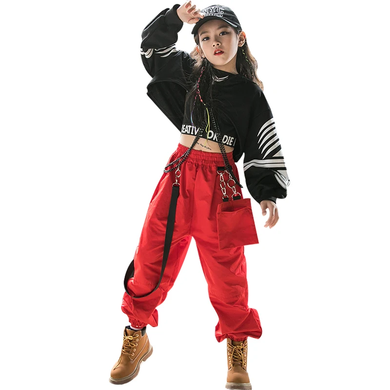 Ragazze Hip Hop abbigliamento Jazz Dance Costume manica lunga nero top o pantaloni Cargo rossi bambini Hip Hop Dancewear Rave Clothes