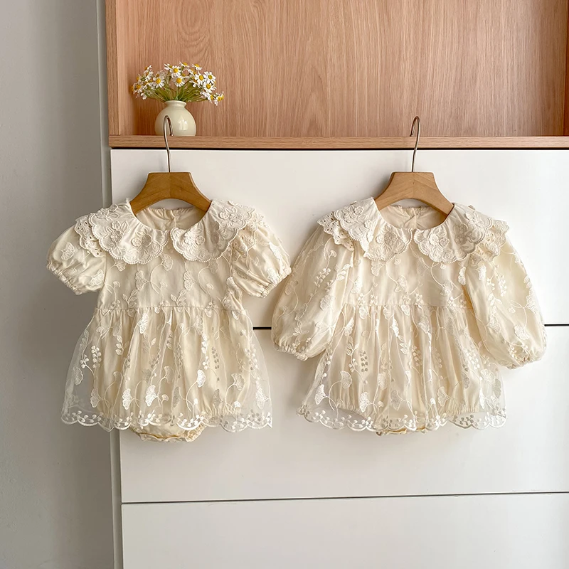 Baby-Mädchen-Strampler aus Spitze, langärmelig, mit Stickerei, Peter-Pan-Kragen, Body, Neugeborenen-Overall, beige, Geburtstags-Foto-Outfit, 0-24 Monate – Detail 16