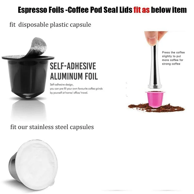 ABRS-200 Pz Coperchi in foglio di alluminio Coperchi in alluminio Guarnizioni Coperchi in foglio per capsule di caffè Nespresso Originalline con spazzola per cucchiaio