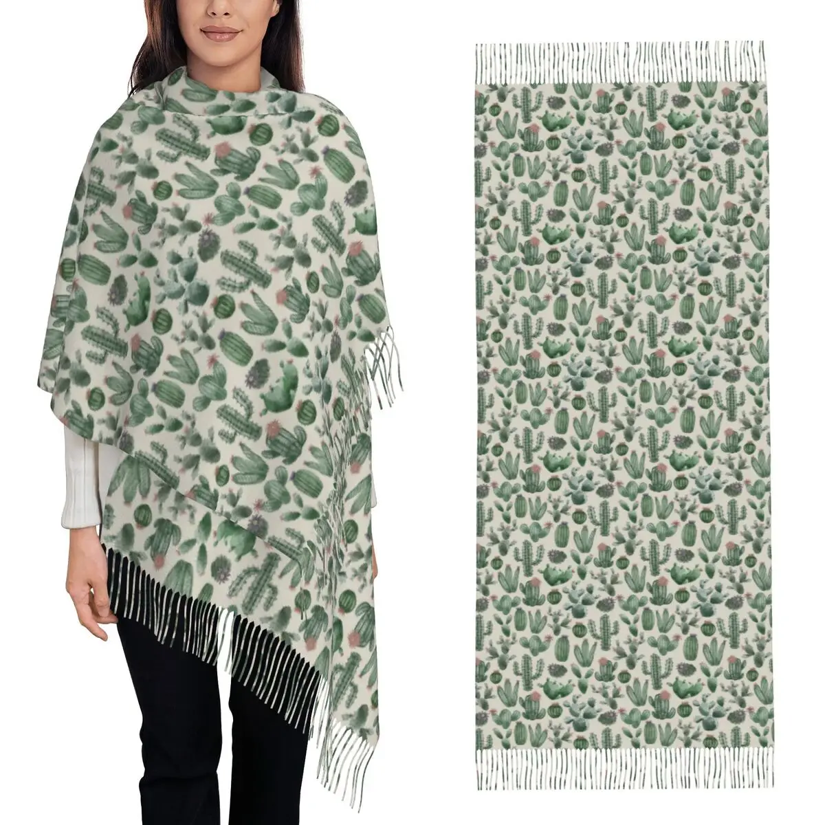 Cute Desert Cactus Columnar Pattern Scarf Tassel Scarves for Women Soft Warm Shawls and Wraps Long Fall Winter Shawl Wrap