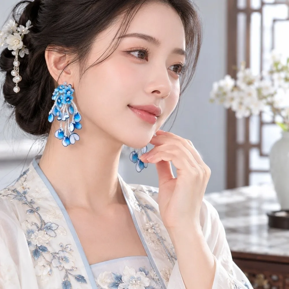 Gradient Color Flower Pendant Teardrop Shape Floral Design Tassel Charm Handmade Craft Chinese Style Earring Component