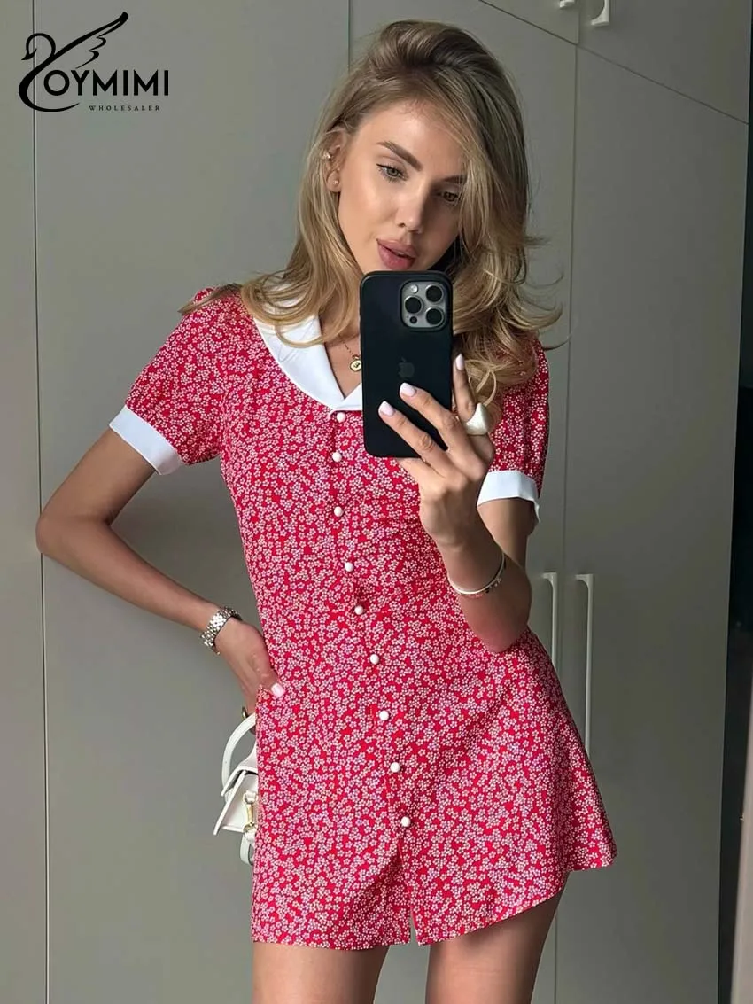 Oymimi Women's Red Floral Mini Dress 2026 Spring Peter Pan Collar Short Sleeve Contrast Trim Button Front Casual Daily Wear