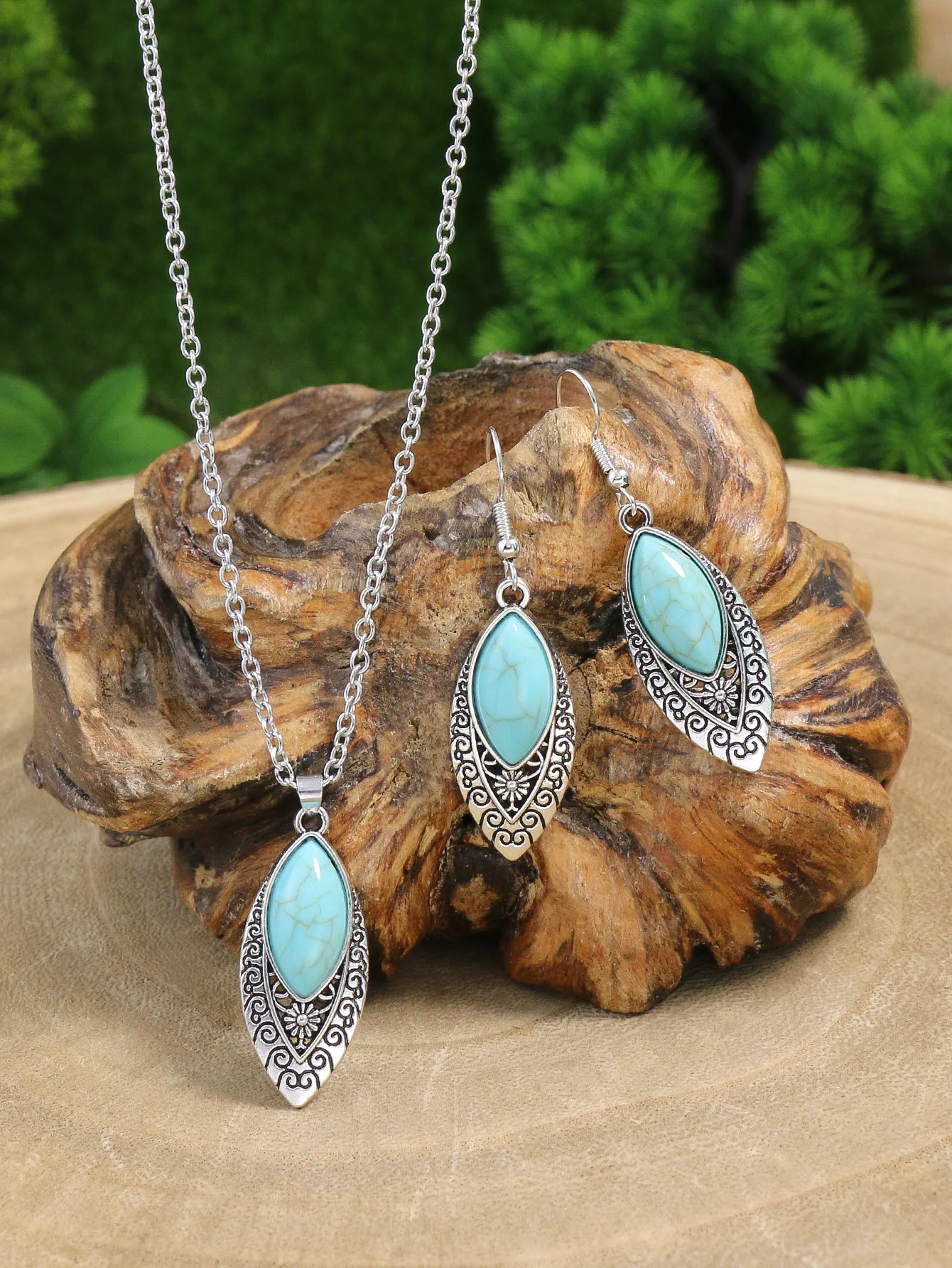 Ethnic Boho Turquoises Necklace Earring for Women Vintage Silver Plated Carved Flower Dangle Earrings Indian Jewelry Gift