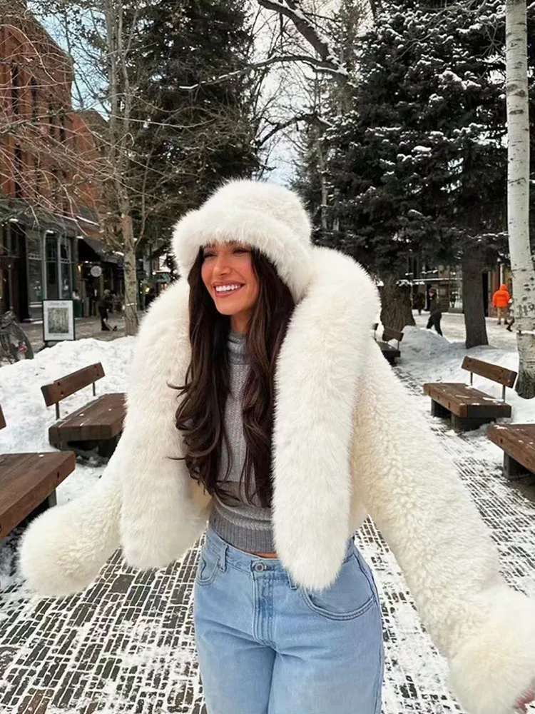 ZADORIN High Quality Faux Fur Coats Hooded Cropped White Black Faux Fur Coat Woman Clothing Fluffy Fur Jacket Winter Outerwears