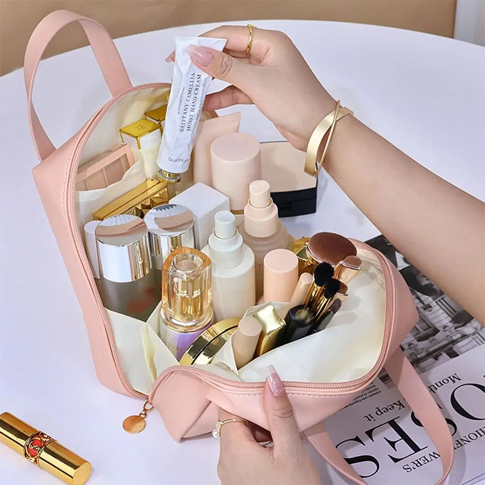 Portable Shell Shape PU Leather Cosmetic Bag Letter Waterproof Makeup Pouch Bag Zipper Multifunction Travel Wash Bag Shopping