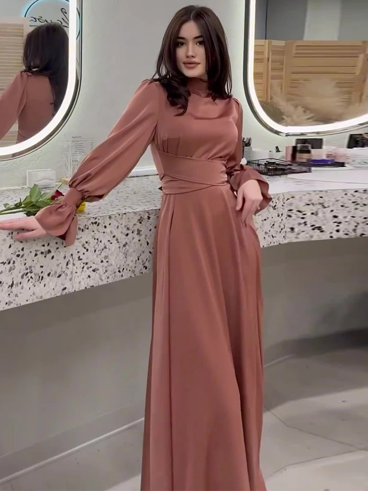 Eid Satin Party Dress for Women Flare Sleeve Abaya Vestidos Largos Dresses Ramadan Belted Islam Elbise Dubai Arab Long Robe 2024