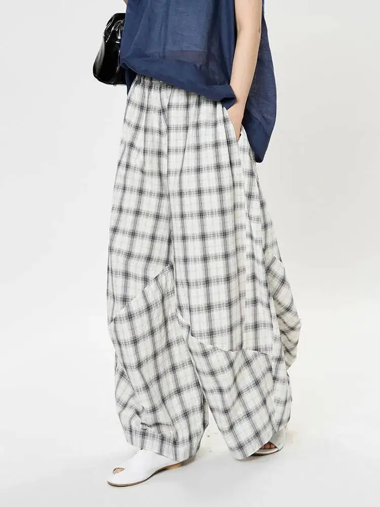 FANAN Vintage Plaid Kontrast Farbe Breite Bein Hosen Für Frauen Elastische Hohe Taille Beiläufige Lose Hosen Mode 2025, Herbst Neue