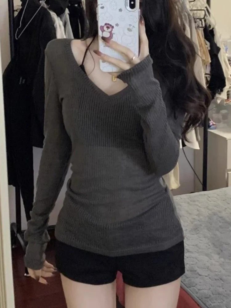 Sexy V-Neck Knitted Top Sheer Single Piece Spring Autumn Thin Slim Fit Sun Protection Cover Shirt For Women Breathable Casual T