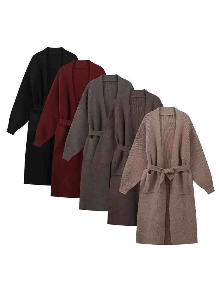 TRAFZA Female Solid Bow Belt Decorate Long Sleeves Knitted Cardigan Autumn Women Chic Pockets 5-Color Resilience Sweater Mujer