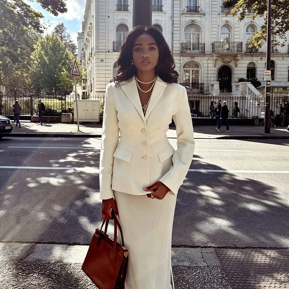 

Elegant Single Breasted White 2 Pieces Blazer Set Smart Casual Luxury Female Suit Jacket Skirt Formal Office Lady Chic Outfits