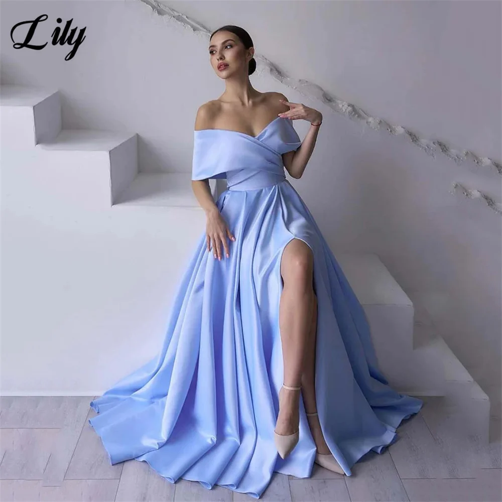 Lily Blue Elegant Prom Dress Off The Shoulder Corset Evening Dresses Satin Side High Split Bridesmaid Dress for Woman Customized