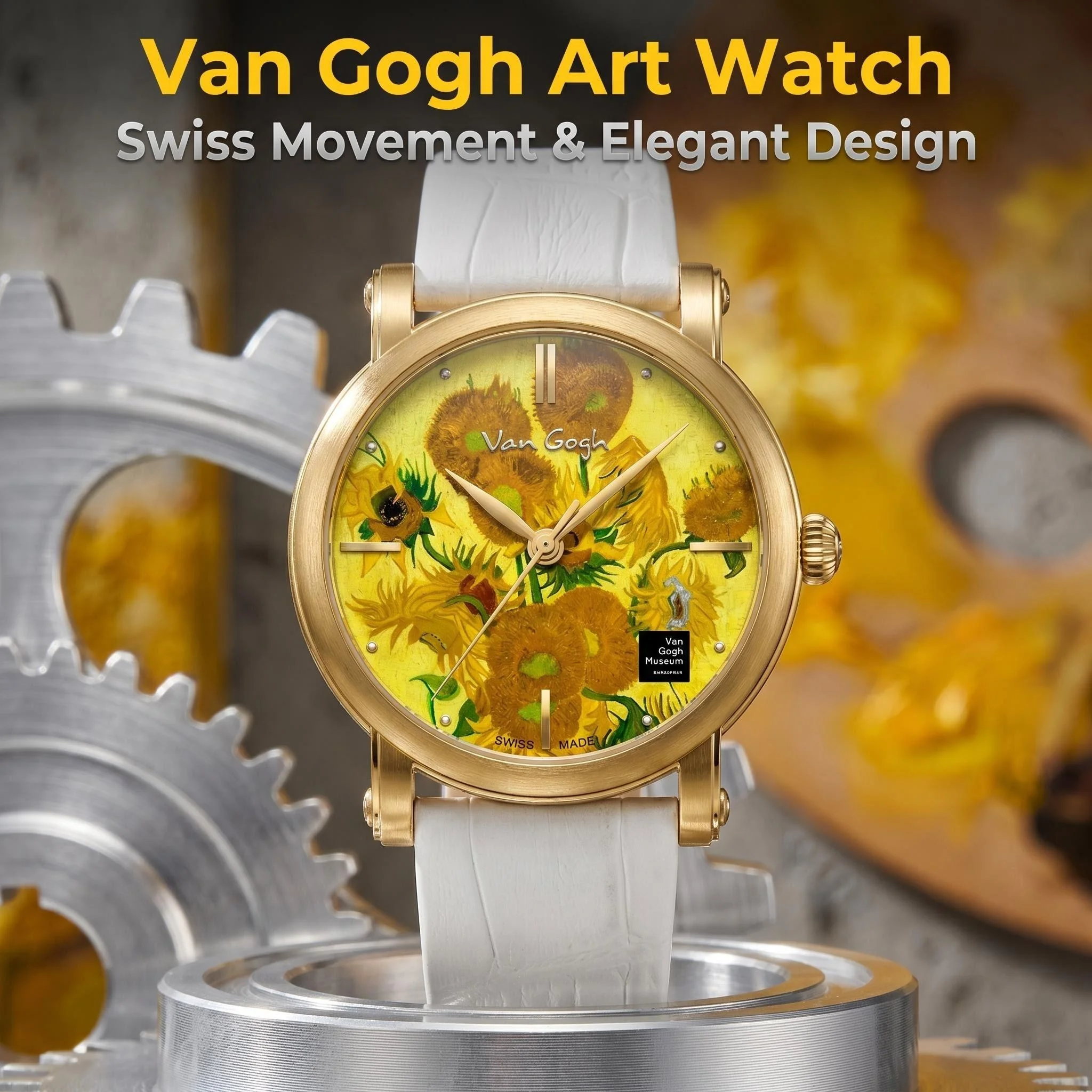 

Van Gogh Sunflower Oil Painting Dial Quartz Watch for Women Swiss Movement 36mm Gold Case White Leather Strap