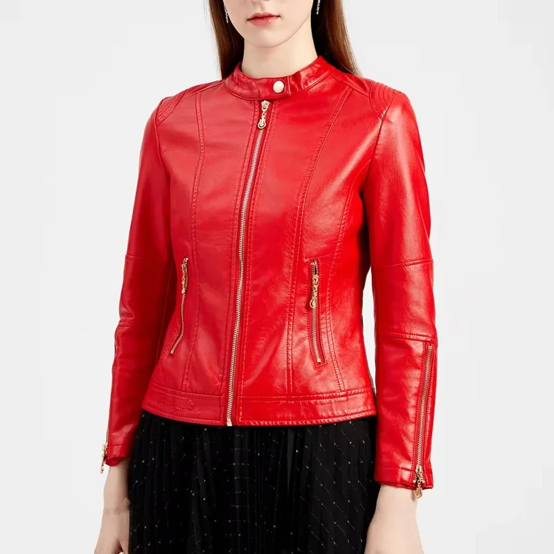 Women Mandarin Collar PU Leather Coat Slim Fit Multi Zipper Pocket Short Moto Biker Thin
