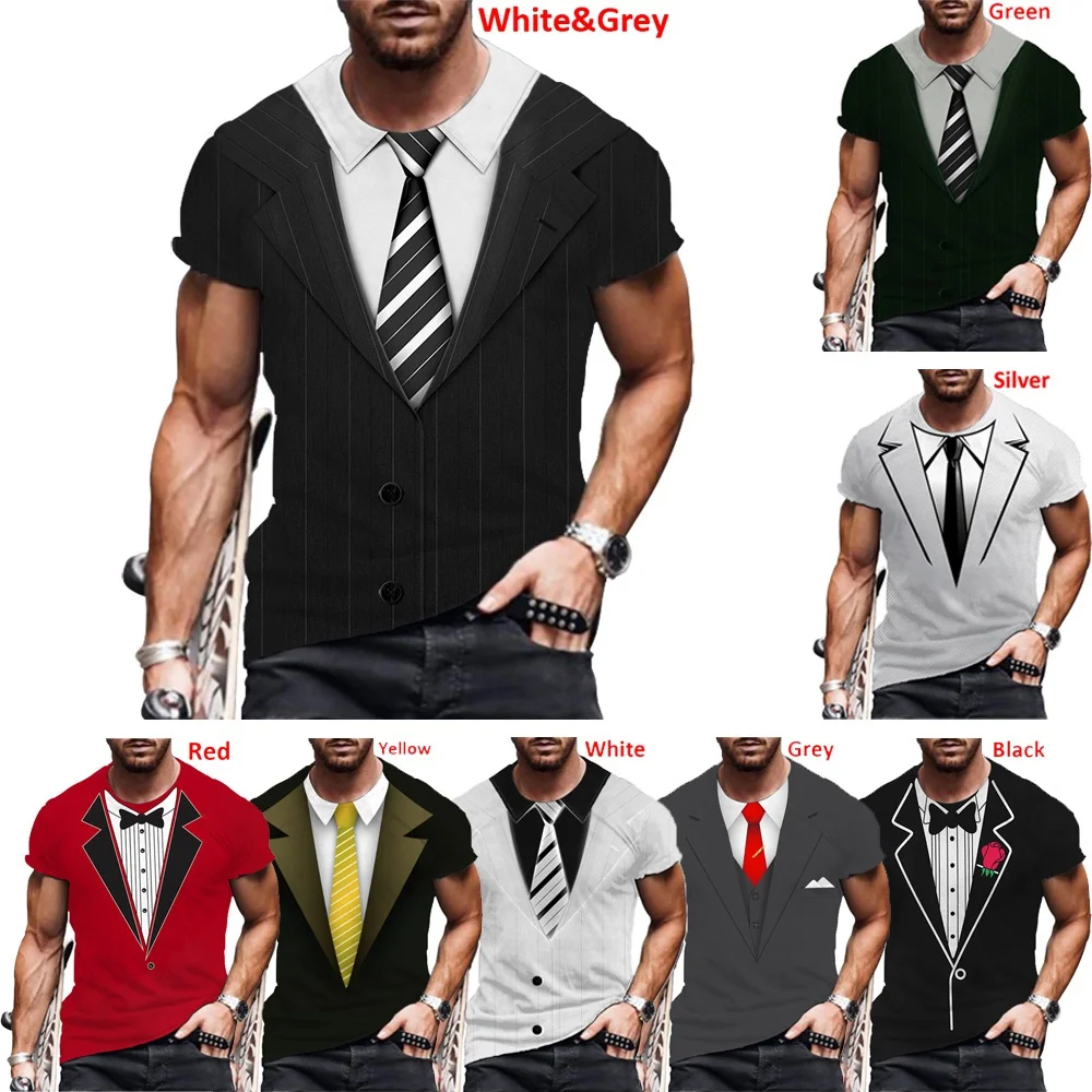 Men Fashion Funny Fake Suit 3D Printing T Shirt Tuxedo Bow Tie Printed Casual Round Neck Short Sleeve T-Shirts Oversized Tops