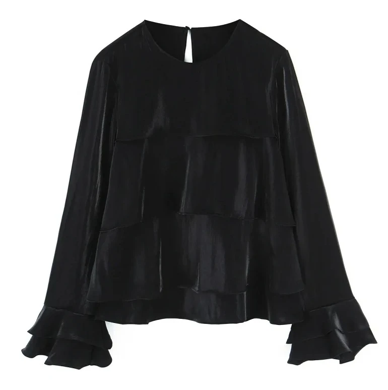 

Spring Autumn O-neck Long Sleeve Glossy Fabric Layered Decoration Shirts Women Pullover Fashionable Blouses Female Casual Wear