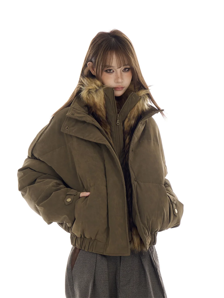 

Американская ретро-куртка для женщин: свободная, утепленная, хлопковая, с меховым воротником, в уличном стиле, на молнии, укороченная