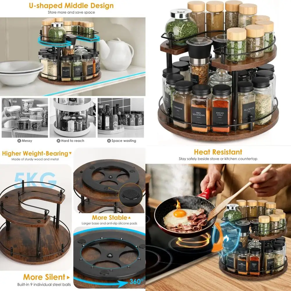 

Adjustable 2-Tier Wooden Lazy Susan Spice Rack, 12 Rotating Organizer for Kitchen, Cabinet, and Dining Area