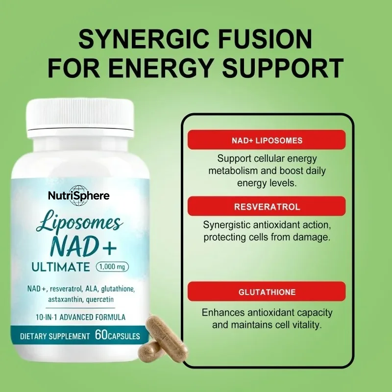 Liposomal NAD 1000mg Contains Resveratrol, Alpha Lipoic Acid, Glutathione, Astaxanthin, Quercetin -60 Capsules