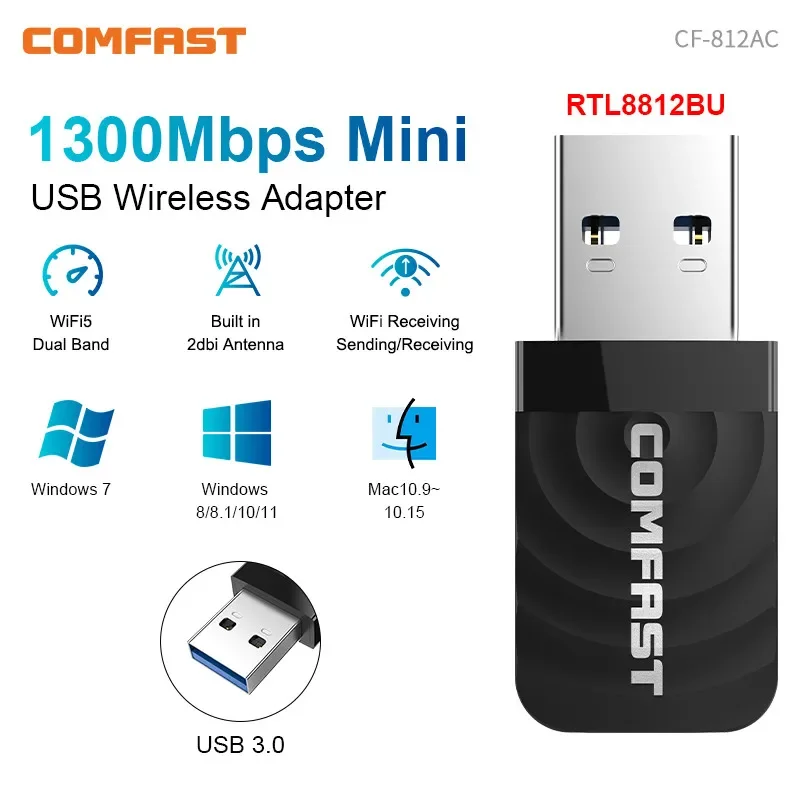 Comfast 1300Mbps USB Wifi Adapter RTL8812BU USB3.0 2.4/5GHz Wireless Network Card 2dBi Antenna wifi Dongle Win 11 10