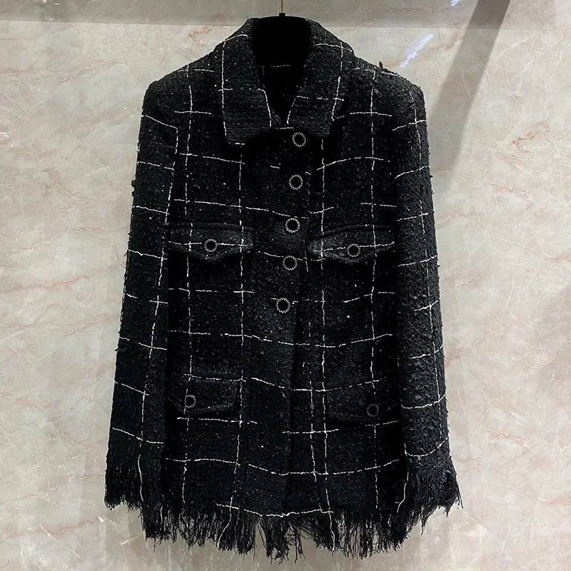 New High quality design wool whisker woolen coat women's fragrance lattice medium length coat