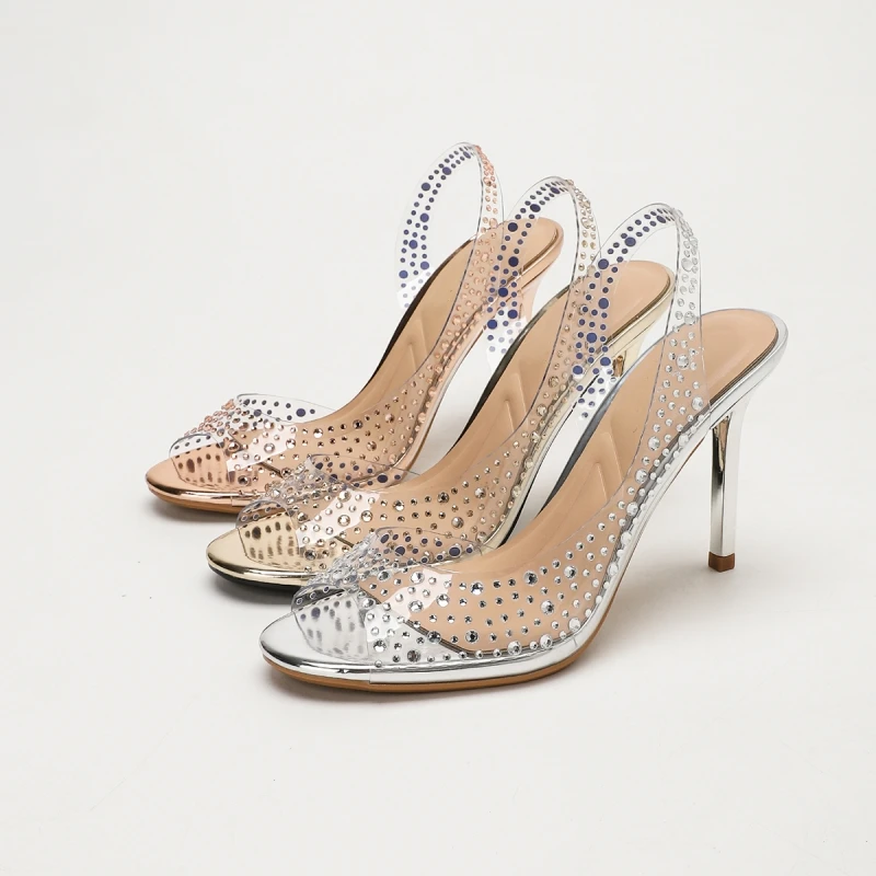New Women's Summer High-Heeled Sandals: Rhinestone-Embellished, Mirror-Finish, Slim-Strap Peep-Toe Slingbacks