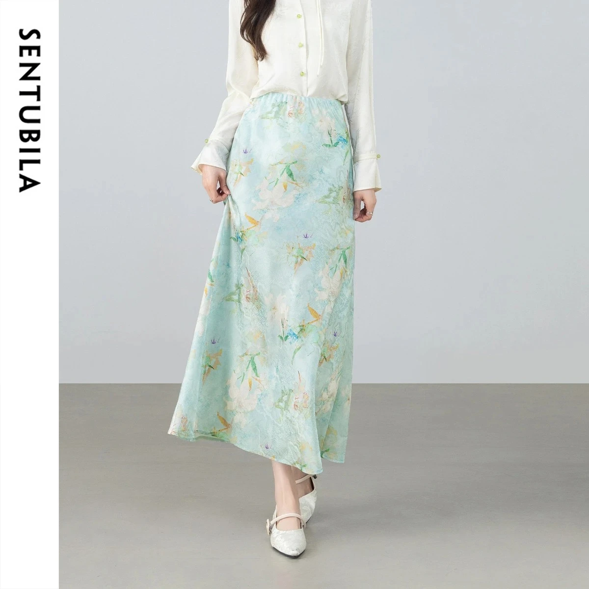 

SENTUBILA Women Ombre Print Green Skirt A-line Long Skirt 2026 Summer New Chinese Style Elegant Casual Outfit 162QA6845