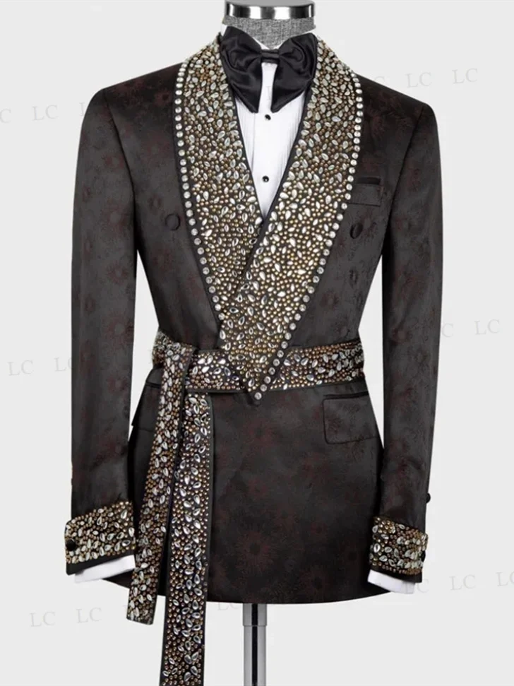 Floral Men Suits Luxury One Piece Blazer With Belt Sheer Lapel Diamonds Crystals Beadings Party Wedding Groom Plus Size Tailored