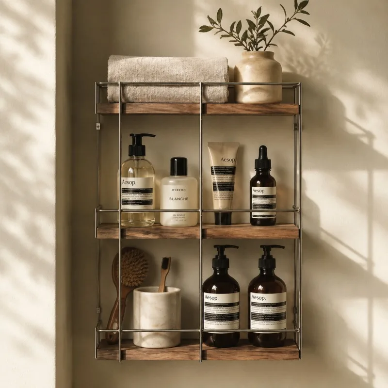 Solid Wood Bathroom Storage Shelf Modern Luxury 3 Tier Bathroom Organizer Wall Shelves Metal Shower Caddy Shelf Home Furniture