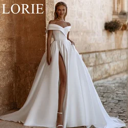 Lorie A-Linie schulter frei Satin Brautkleider V-Ausschnitt High Split Prinzessin elegante Hochzeits feier Brautkleid 2024 plus Größe